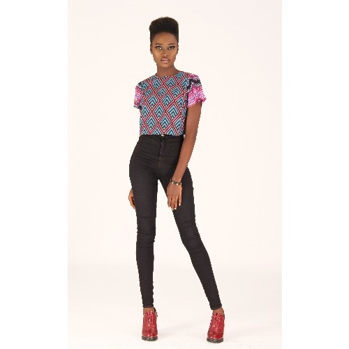Short Sleeved Crop Top – Pink and Blue Print
