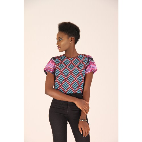 Short Sleeved Crop Top – Pink and Blue Print