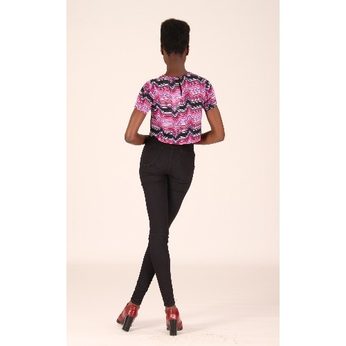 Short Sleeved Crop Top – Pink and Blue Print