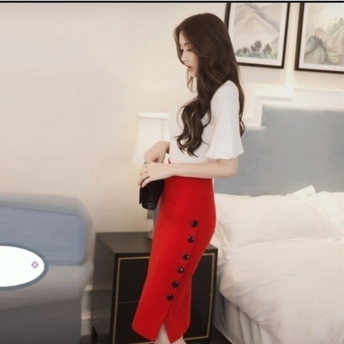 Button Down Pencil Skirt-red