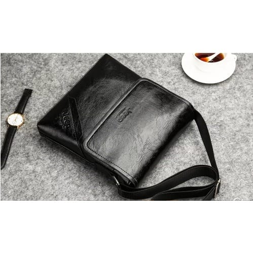 Jeep Leather Casual Crossbody Messenger Bag - Black