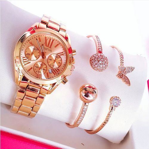 Beautiful & Awesome Classic Gold Wristwatch +2 Exotic Wrist Bracelet For Sexy Ladies