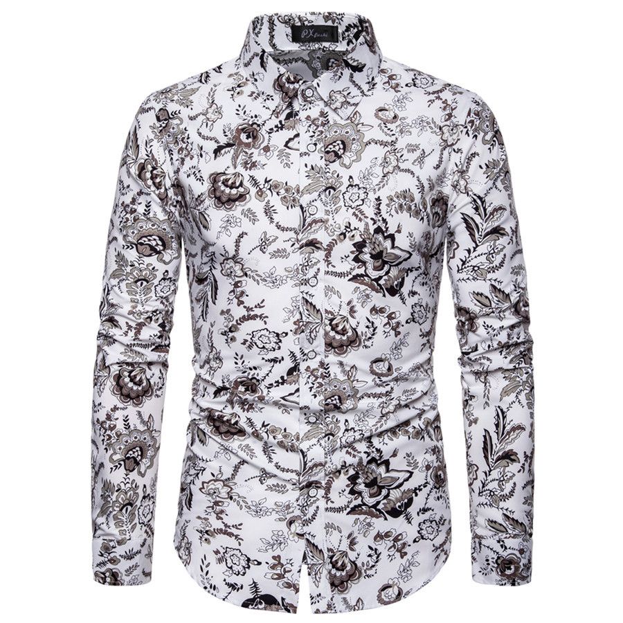 Men's Casual Floral Shirt Long Sleeve Wedding - White