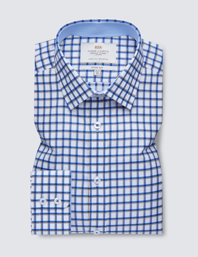 Men's Easy Iron Green & Blue Grid Check Slim Fit Shirt - Single Cuffs