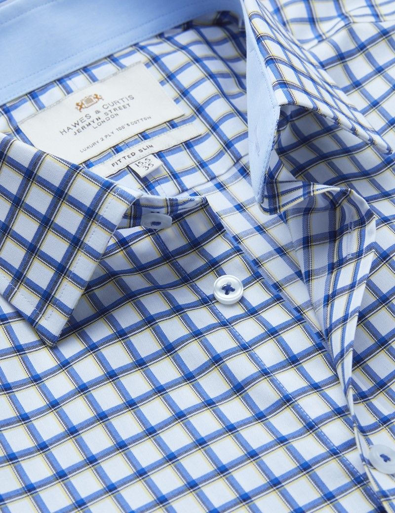 Men's Easy Iron Green & Blue Grid Check Slim Fit Shirt - Single Cuffs