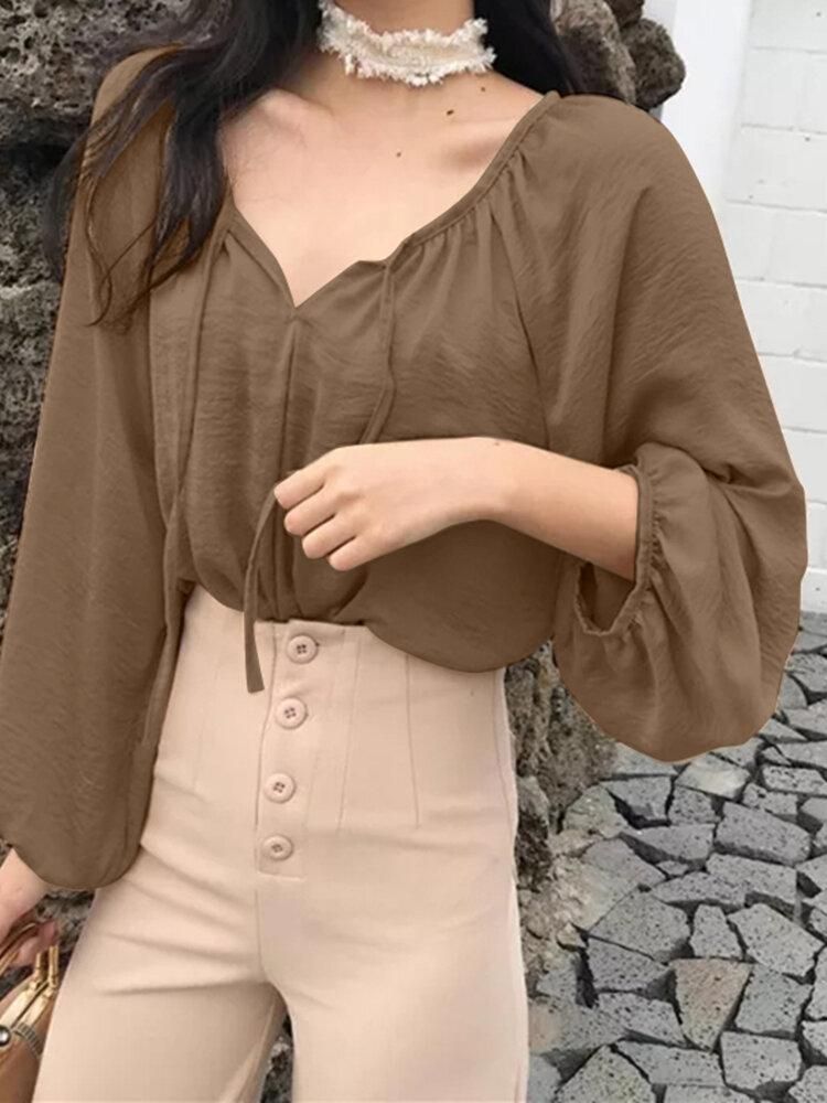 Solid Knotted V Neck Raglan Sleeve Blouse