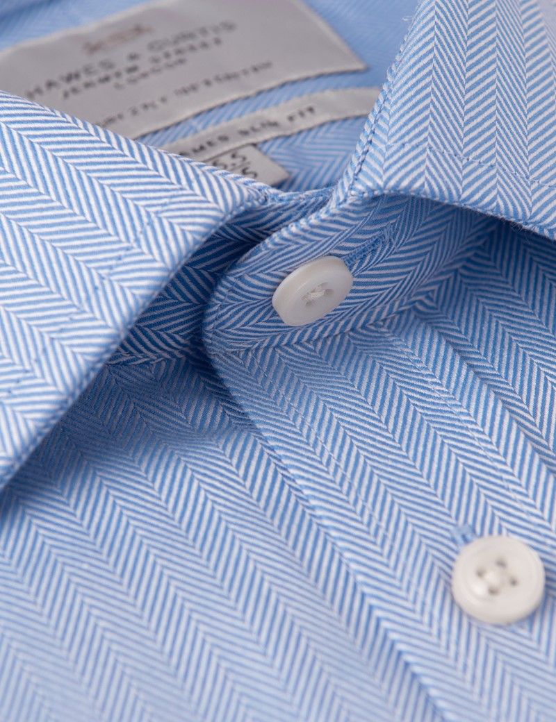 Men's Formal Blue Herringbone Slim Fit Shirt - Single Cuff - Easy Iron