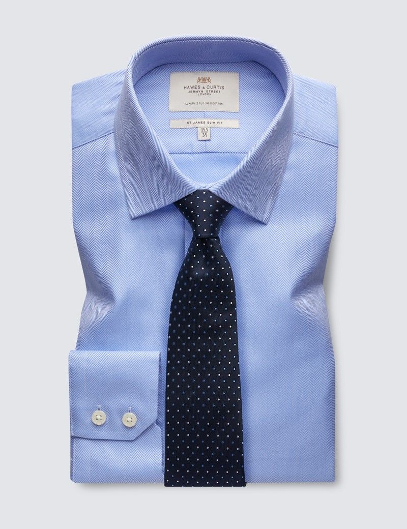 Men's Formal Blue Herringbone Slim Fit Shirt - Single Cuff - Easy Iron