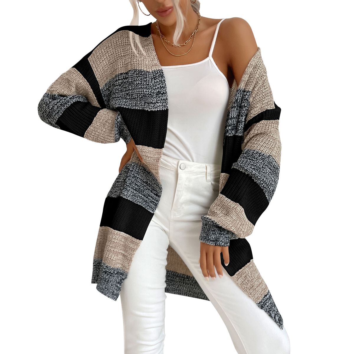 Women Cardigan Open Front Sweater Drape Long Sleeve Loose