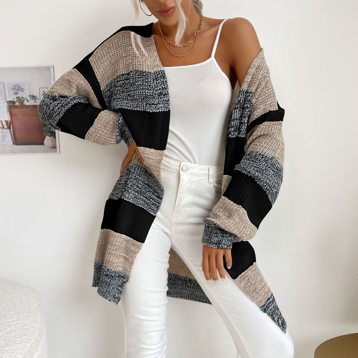 Women Cardigan Open Front Sweater Drape Long Sleeve Loose