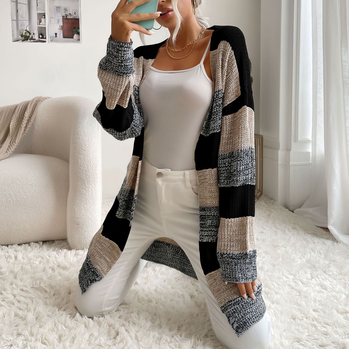 Women Cardigan Open Front Sweater Drape Long Sleeve Loose