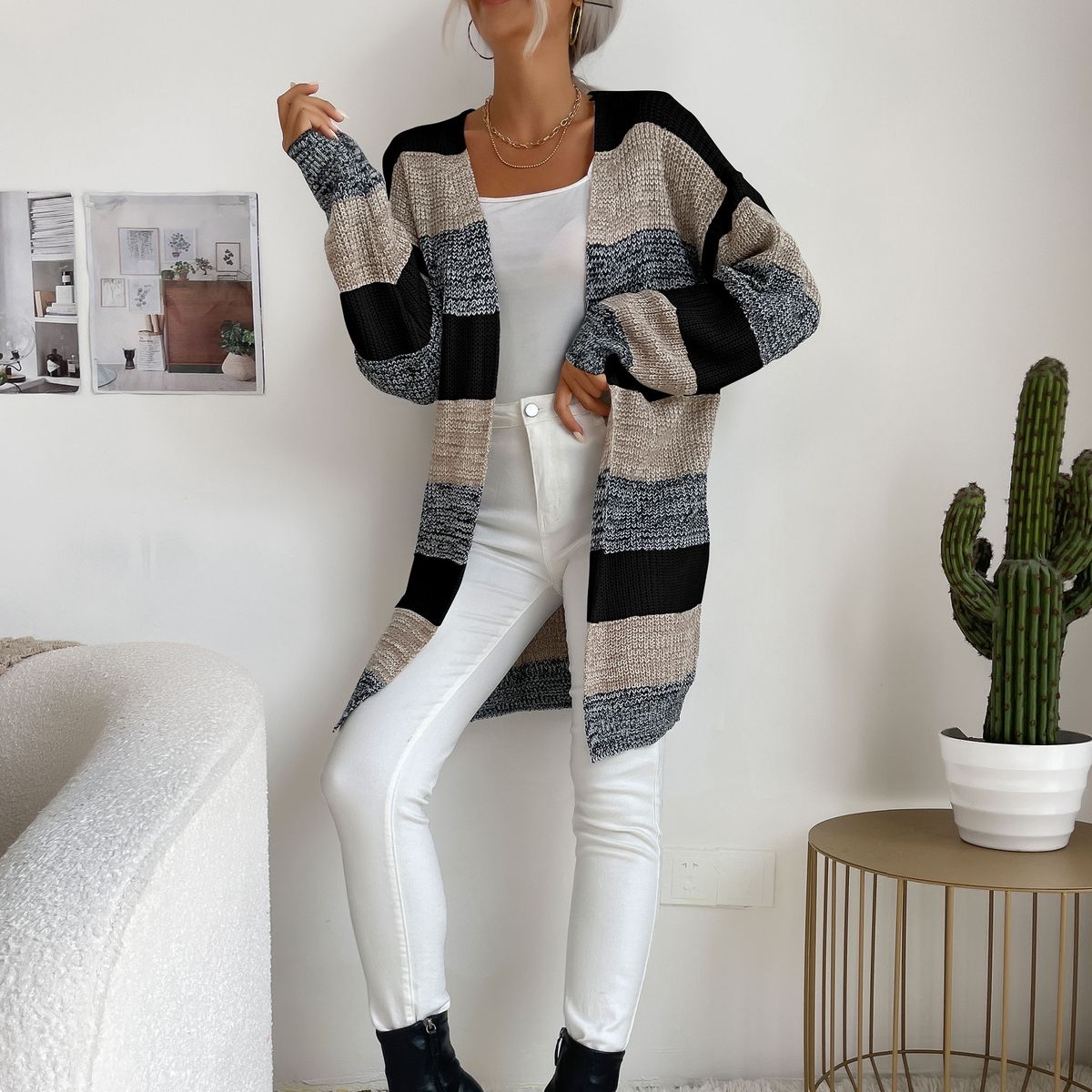 Women Cardigan Open Front Sweater Drape Long Sleeve Loose
