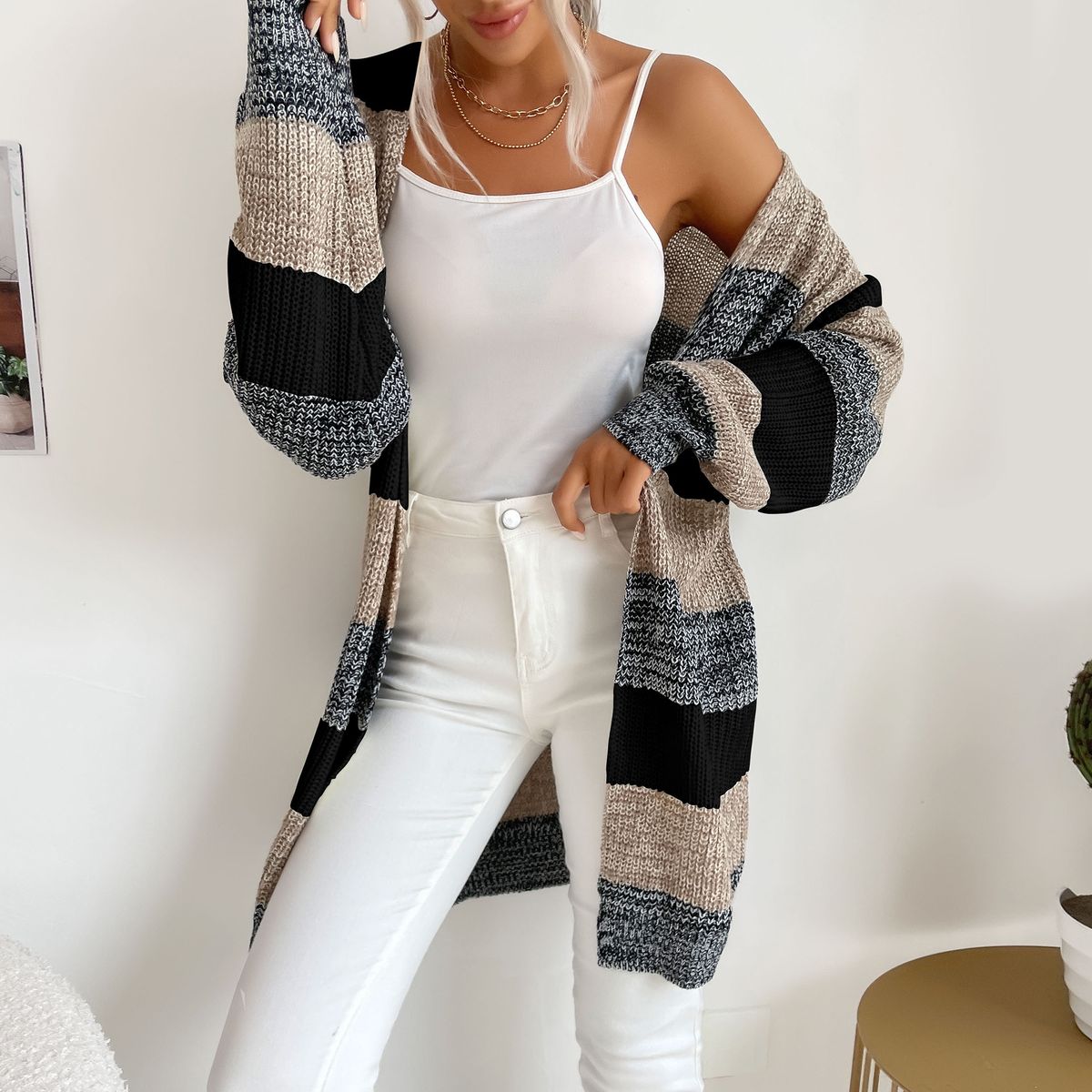 Women Cardigan Open Front Sweater Drape Long Sleeve Loose