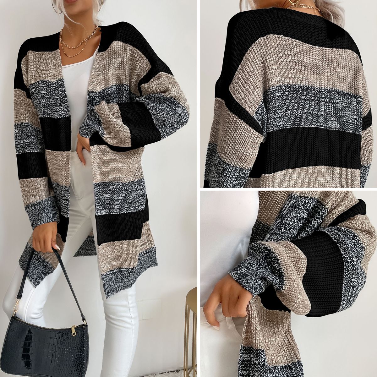 Women Cardigan Open Front Sweater Drape Long Sleeve Loose