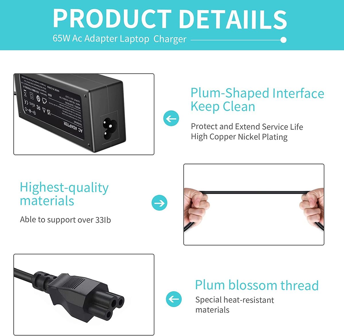 65W Laptop Charger For Lenovo IdeaPad S130 S340 S540 S740 S145-15AST IdeaPad 330 330s 320 320s 120s 130 310 510 520 530S V145 V155 Yoga 310 510 520 530 Flex 4 5 6 Miix 510 Power Supply Adapter Cord