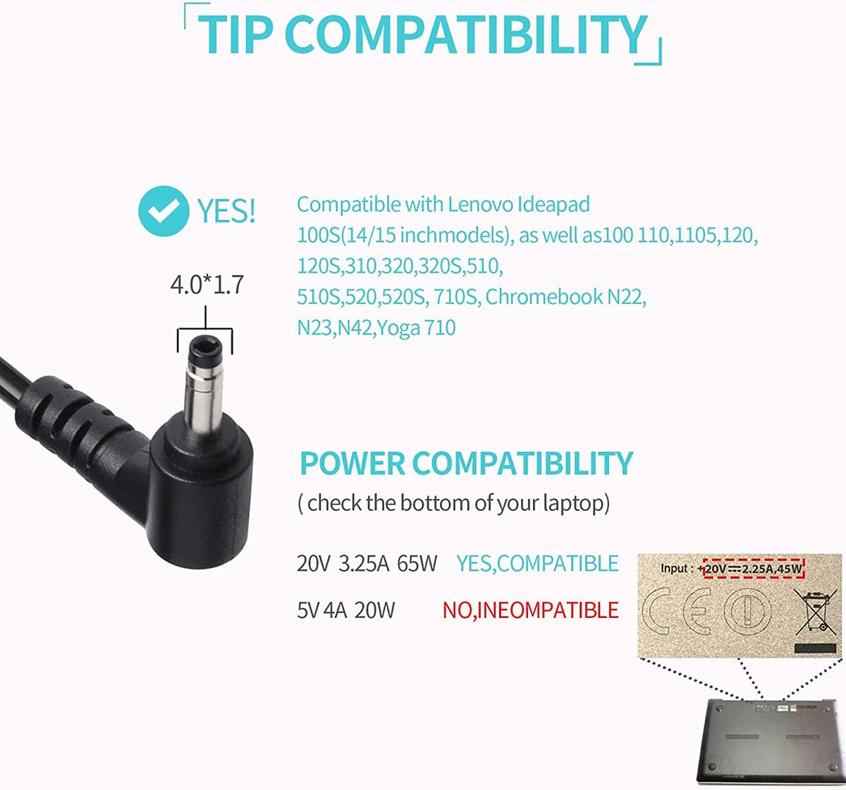 65W Laptop Charger For Lenovo IdeaPad S130 S340 S540 S740 S145-15AST IdeaPad 330 330s 320 320s 120s 130 310 510 520 530S V145 V155 Yoga 310 510 520 530 Flex 4 5 6 Miix 510 Power Supply Adapter Cord