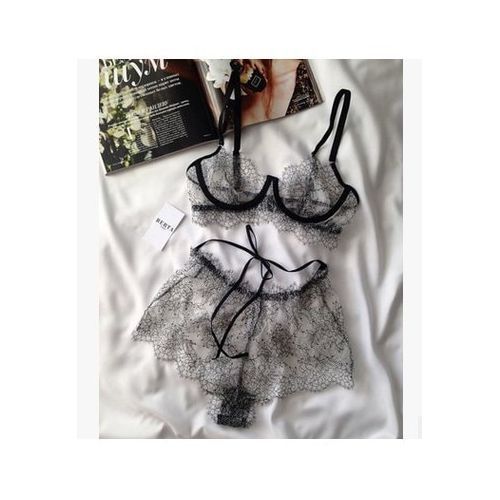 2 Pcs Sexy  Women Black Lace Crochet Lingerie Set Ladies Hollow Strappy Bra Perspective Panties Erotic Hot Underwear Sleepwear(#Black) SHA