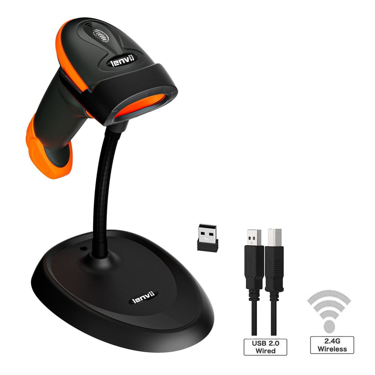 CW200 2D Wireless Barcode Scanner With Stand, Handheld Wired QR Code Reader With Adjustable Stand Auto Scan 1D QR-code Barcode Scanner For Retail Stores, Supermarkets, Warehouses，Orange