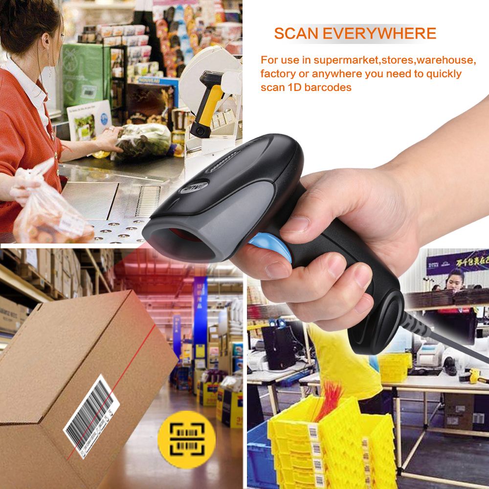 C100 Handheld Wired Barcode Scanner 1D Code Red Light Barcode Reader, Black