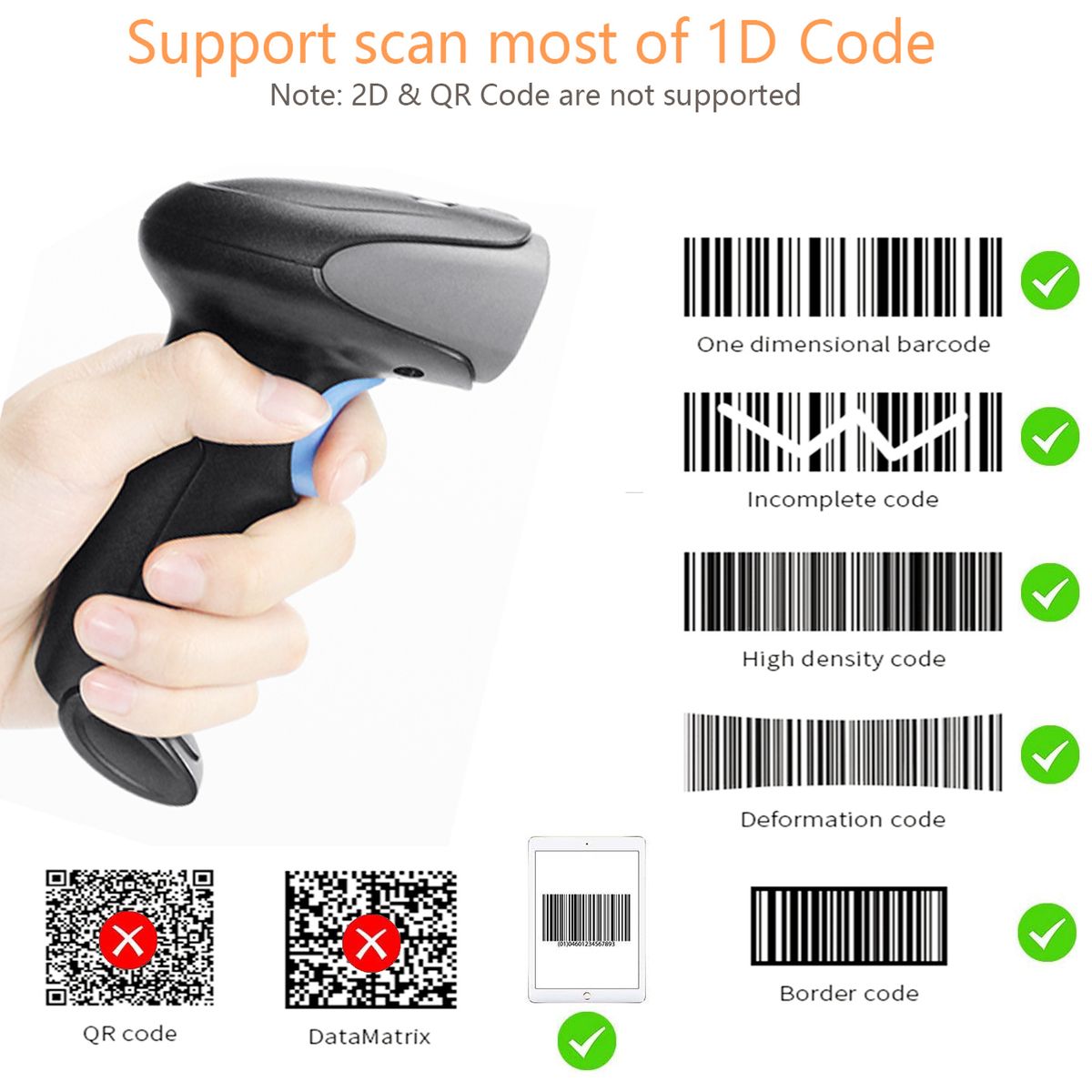 C100 Handheld Wired Barcode Scanner 1D Code Red Light Barcode Reader, Black