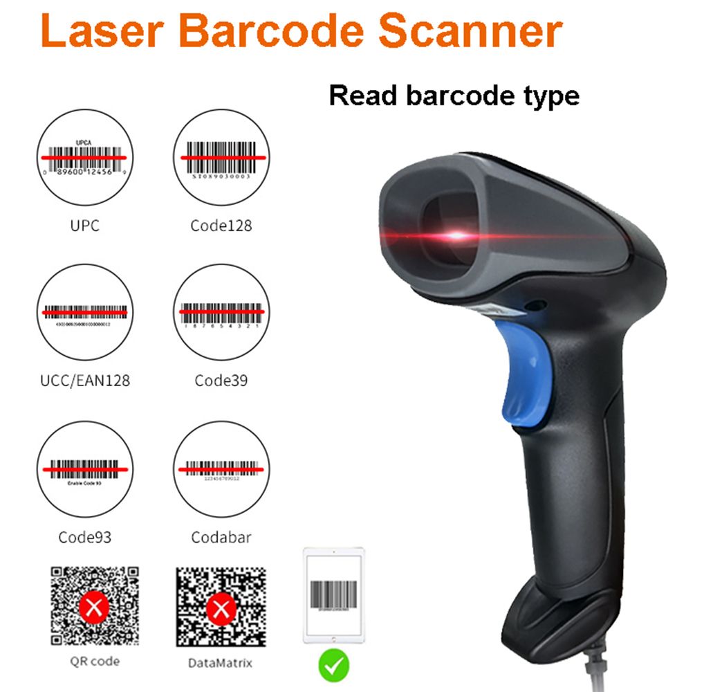 C100 Handheld Wired Barcode Scanner 1D Code Red Light Barcode Reader, Black