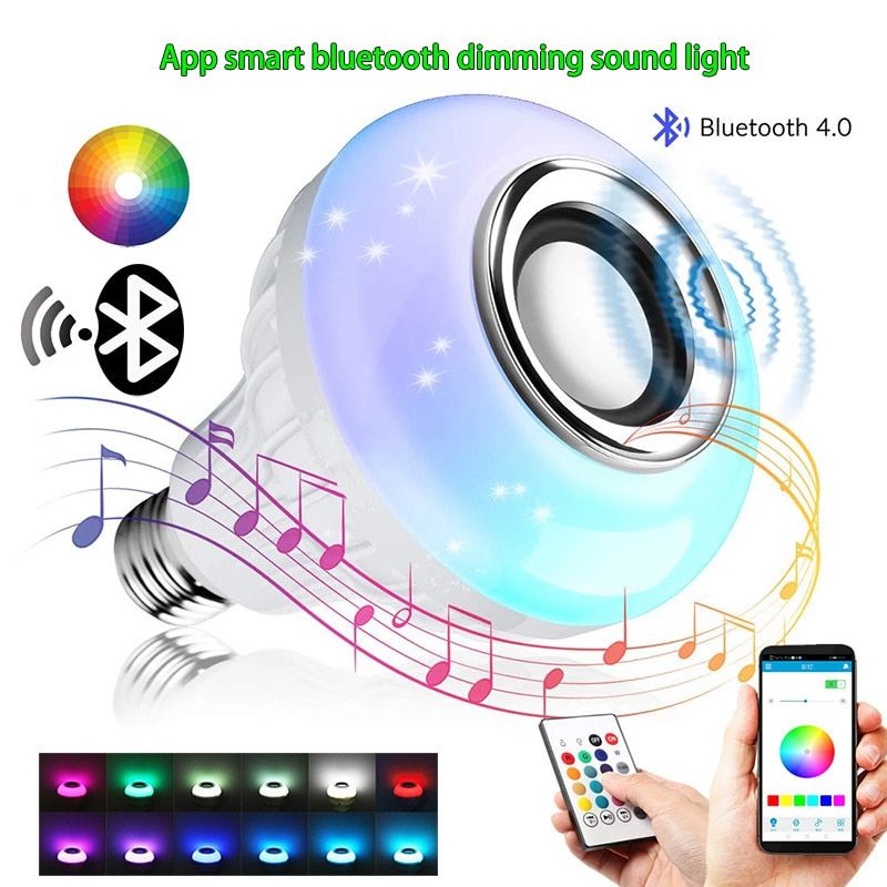 E27 12W LED RGB Smart Bulb Wireless Bluetooth Speaker Music Playing Audio Dimmable Light Bulb RGB Lamp With Remote Controllor-12W