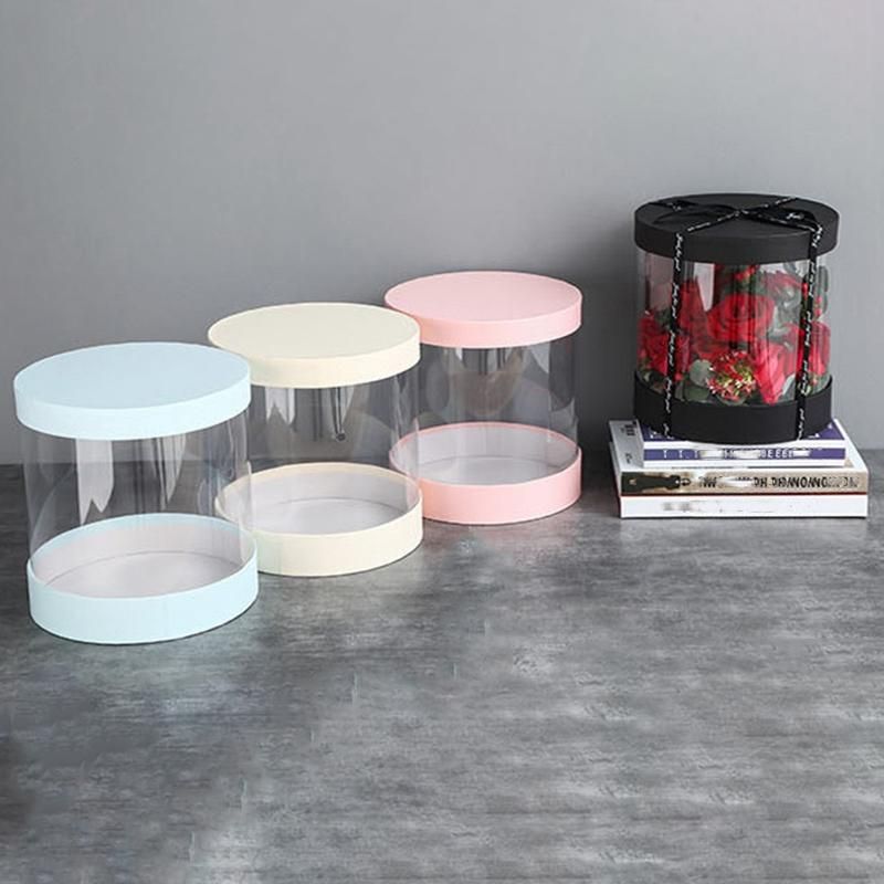 Round Flower Paper Boxes Flowers Bucket Transparent PVC Cake Gift Box Ladies Presents Paper Packing Case Lid Party-B