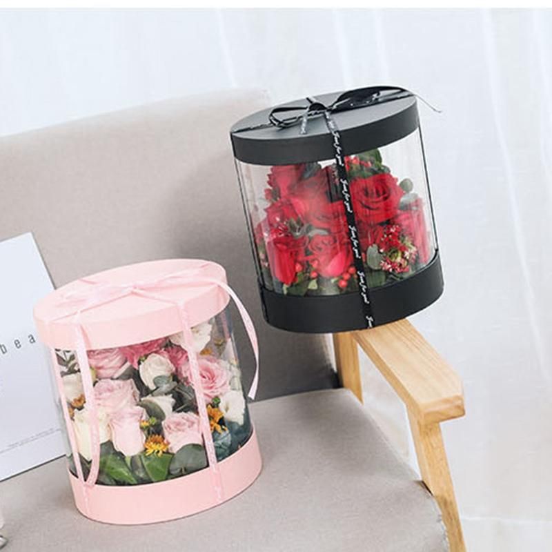 Round Flower Paper Boxes Flowers Bucket Transparent PVC Cake Gift Box Ladies Presents Paper Packing Case Lid Party-B
