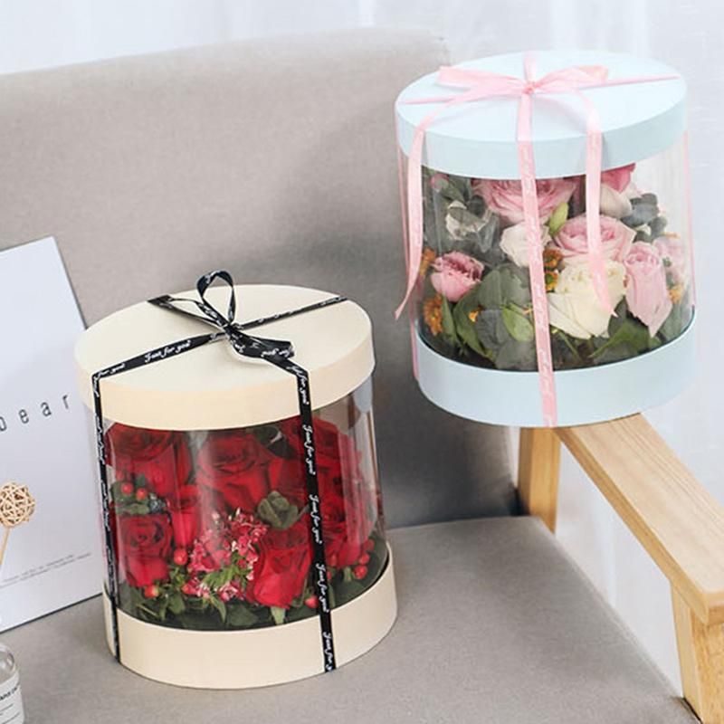 Round Flower Paper Boxes Flowers Bucket Transparent PVC Cake Gift Box Ladies Presents Paper Packing Case Lid Party-B