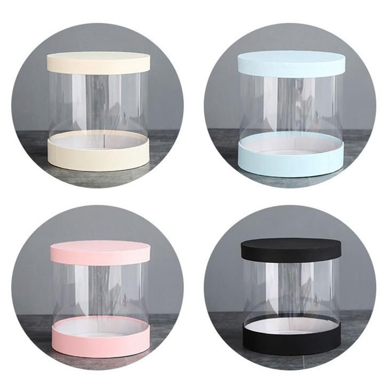 Round Flower Paper Boxes Flowers Bucket Transparent PVC Cake Gift Box Ladies Presents Paper Packing Case Lid Party-B