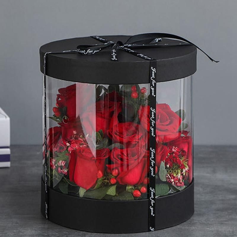 Round Flower Paper Boxes Flowers Bucket Transparent PVC Cake Gift Box Ladies Presents Paper Packing Case Lid Party-B