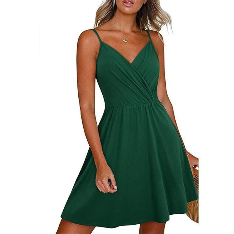 New Women's Solid Color Sexy V-neck Beach Skirt Slim Slim Slim Pocket Dress Women
