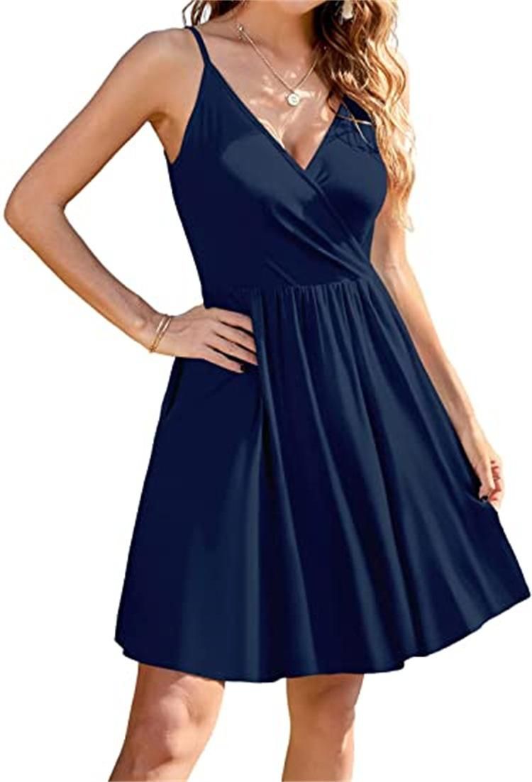 New Women's Solid Color Sexy V-neck Beach Skirt Slim Slim Slim Pocket Dress Women