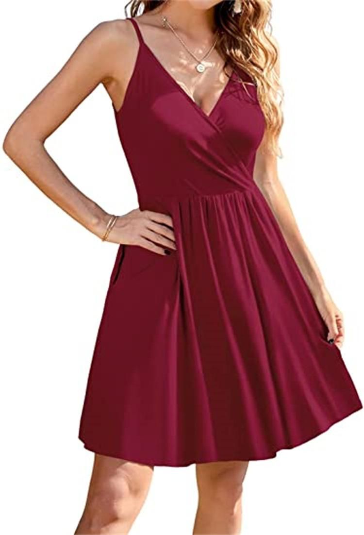 New Women's Solid Color Sexy V-neck Beach Skirt Slim Slim Slim Pocket Dress Women