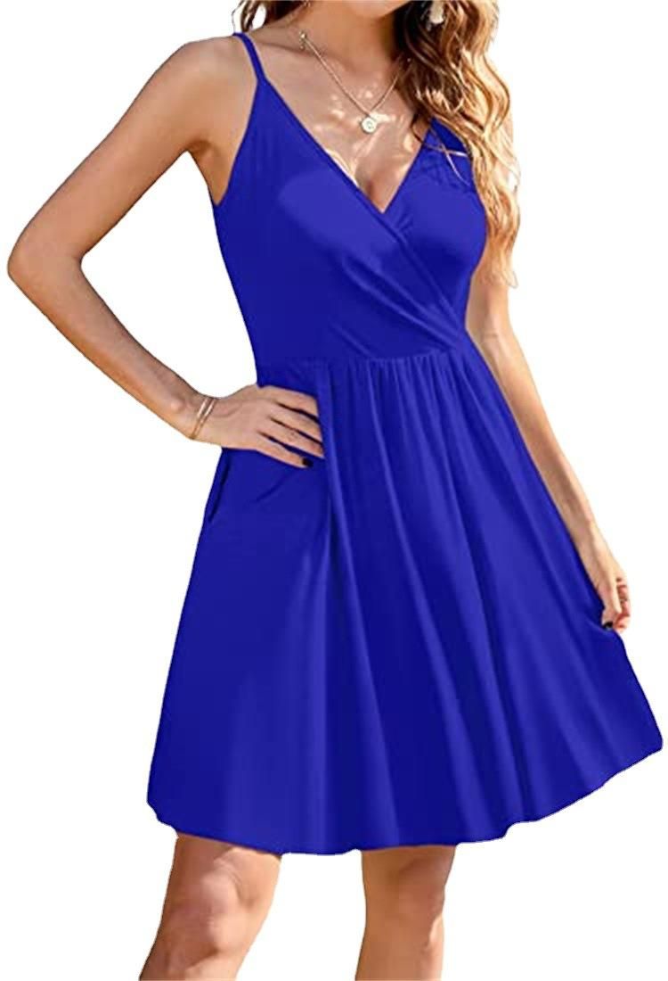 New Women's Solid Color Sexy V-neck Beach Skirt Slim Slim Slim Pocket Dress Women