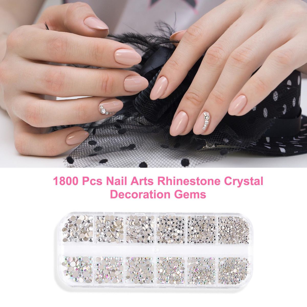1800 Pcs Nail Arts Rhinestone Kit Crystal AB Decoration Gems 6 Sizes (1.6-4 mm) Round Iridescent Glass Flatback Glitter Diamond Charms Gem Stone For 3D Craft Jewelry DIY