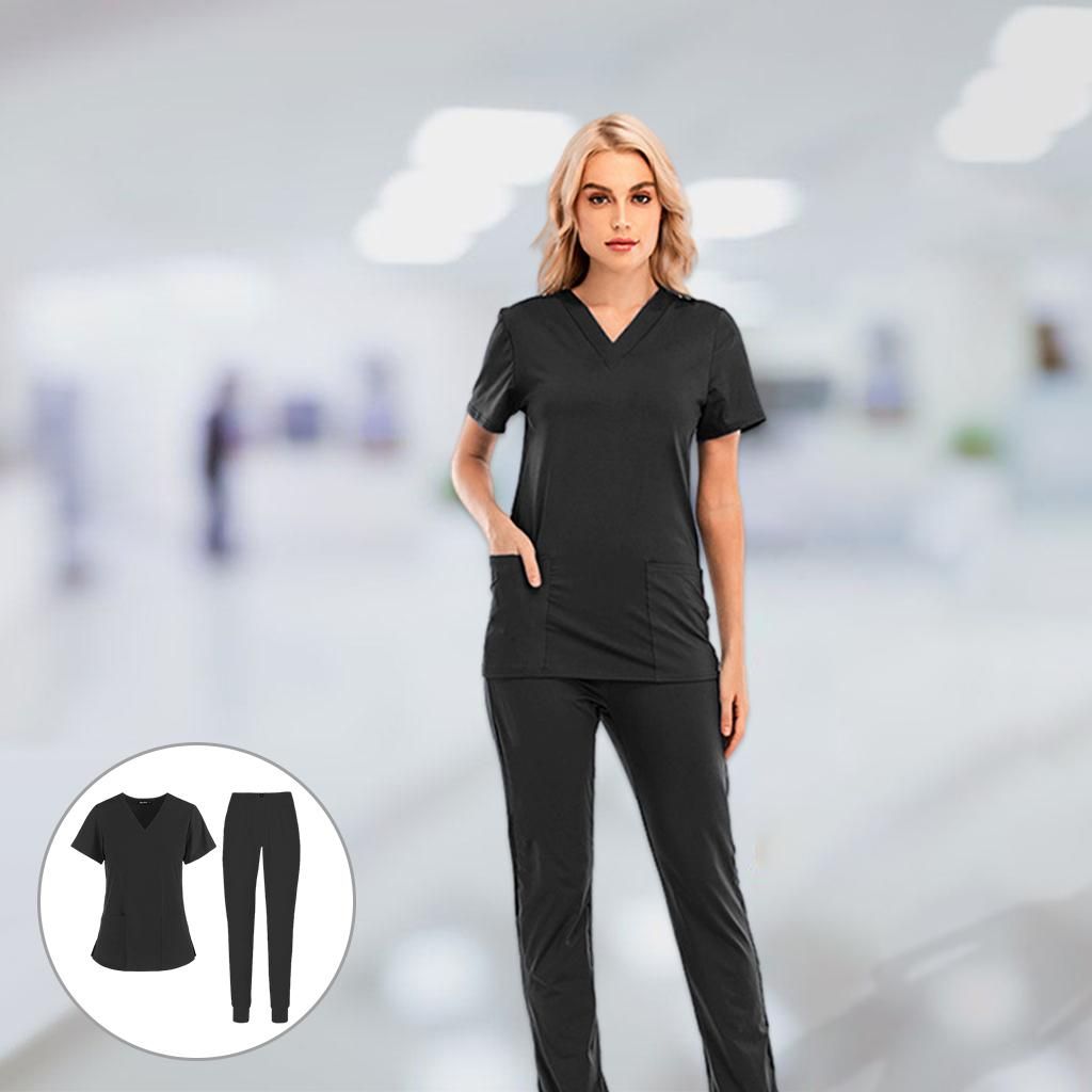 Nursing Scrub Set Slim Workwear  Clothes  Breathable S Black