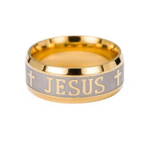 Jesus Cross Gold Plated Titanium Steel Comfort Fit Wedding Band Ring