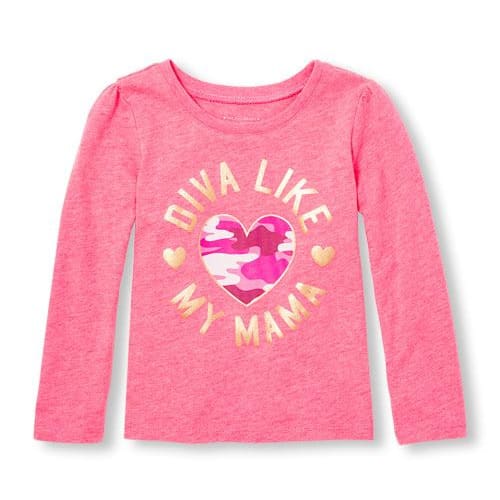 Girls Long Sleeve 'diva Like My Mama' Camo Heart Neon Graphic Tee