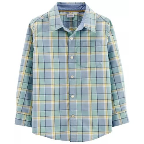 Boys Long Sleeve Plaid Box Checkered Shirt- Green