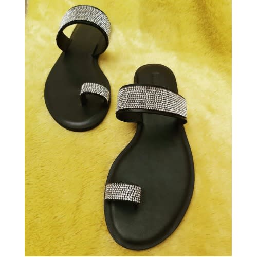 Glitter Female Leather Slippers - Black