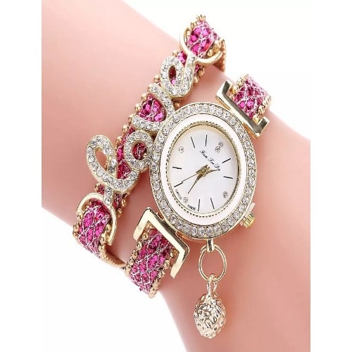 Love Word Leather Strap Ladies Bracelet Watch - Pink