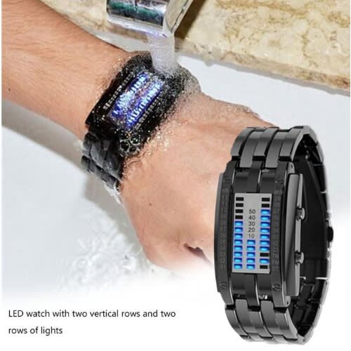 Stainless Steel Binary Led Waterproof Wristwatch- Blue Light