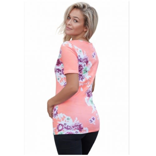 Pink Floral Crisscross Neck Detail Short Sleeve Top - Pink