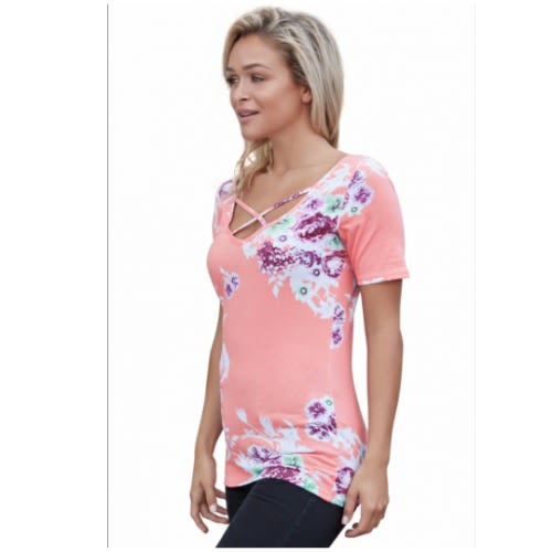 Pink Floral Crisscross Neck Detail Short Sleeve Top - Pink