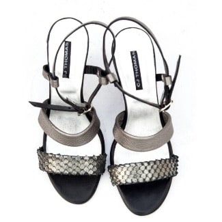 Leather Dark Silver Heeled Sandals
