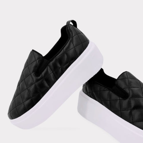 Faux Leather Slip-on Platform Sneakers - Black