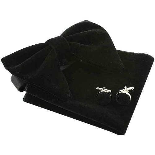 Velvet Bowtie With Cufflinks And Pocket Square  - Black