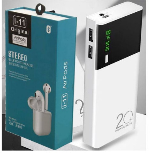 20,000mah Digital Power Bank With i-11 Wireless Bluetooth Earpods And Charging Case