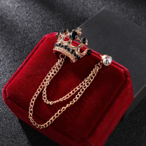 Crown Lapel Brooch With Black Stones -Gold